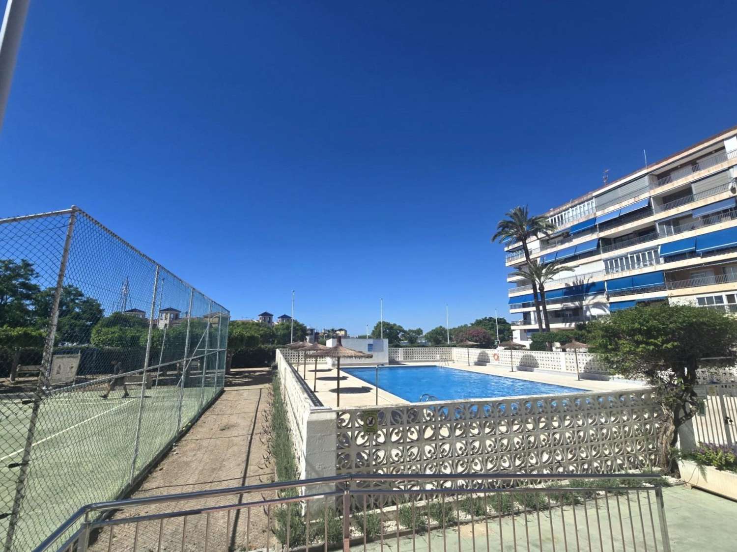 Apartamento espacioso, 3 dormitorios, 1 baño, aparcamiento, piscina, con magnificas vistas frontales al mar y al Puerto de Torrevieja