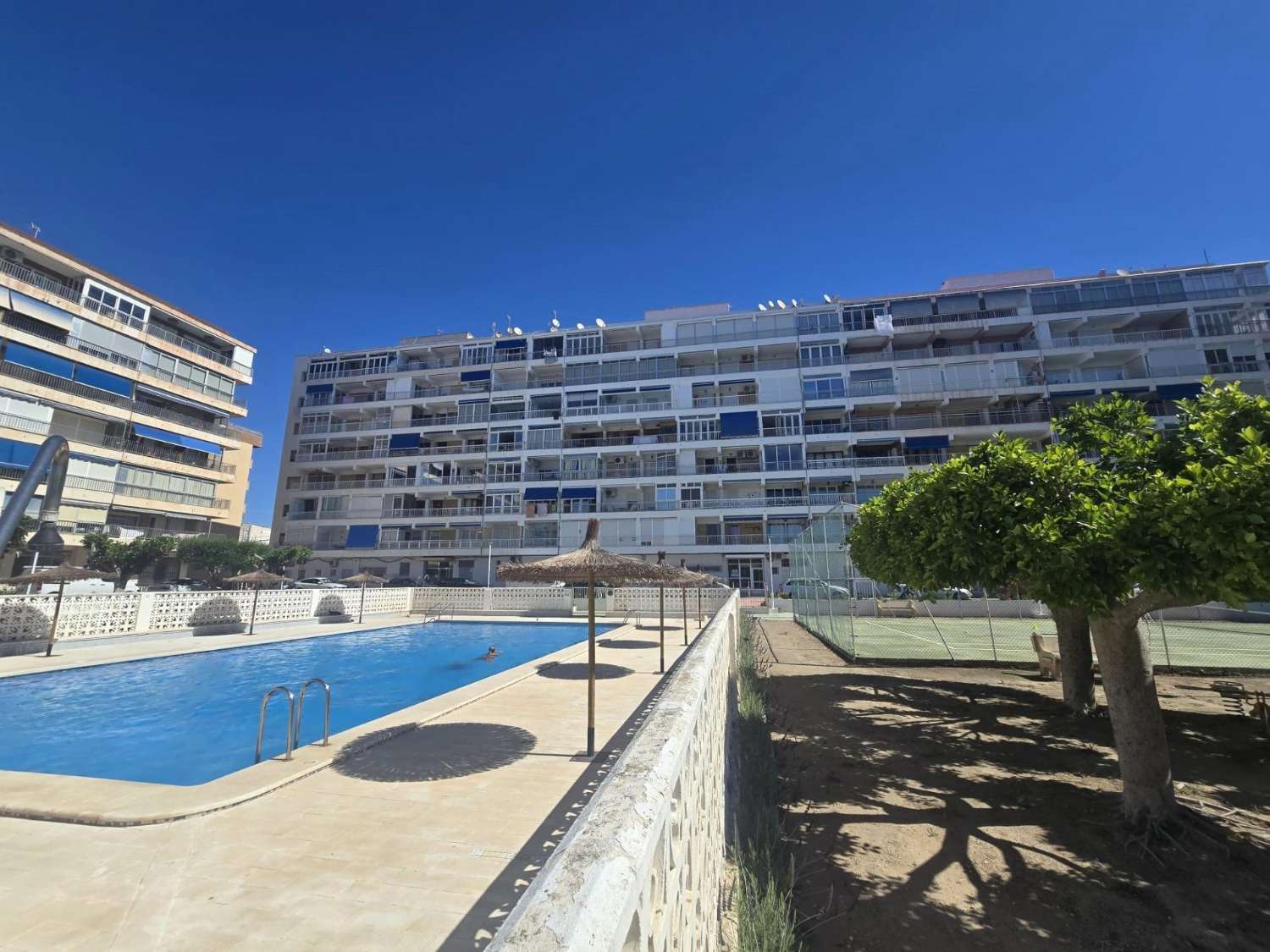 Apartamento espacioso, 3 dormitorios, 1 baño, aparcamiento, piscina, con magnificas vistas frontales al mar y al Puerto de Torrevieja